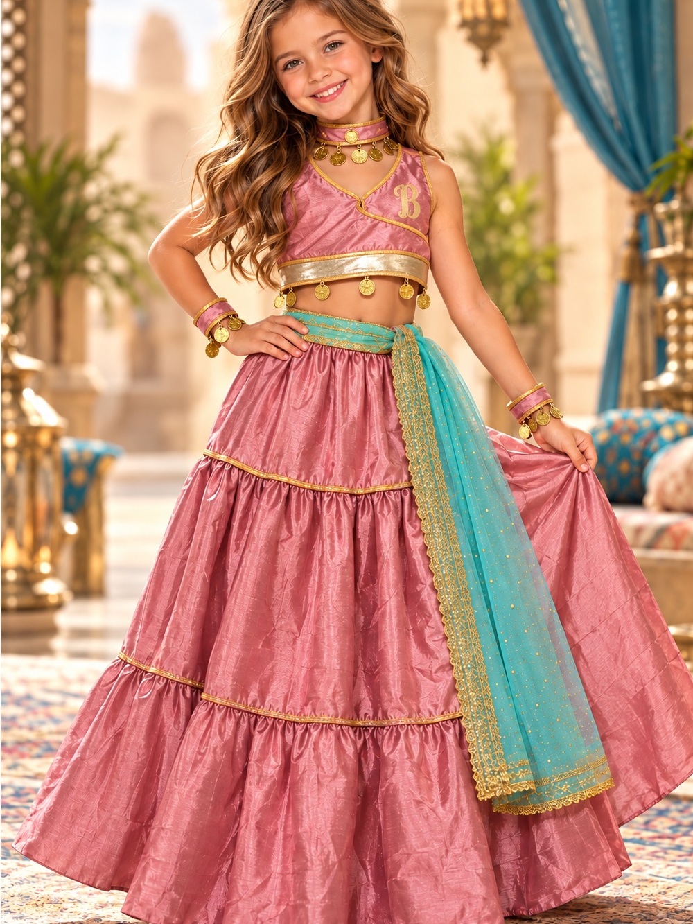 Girls Pink and Aqua Festive Lehenga Set with Gold Trim - Brand
